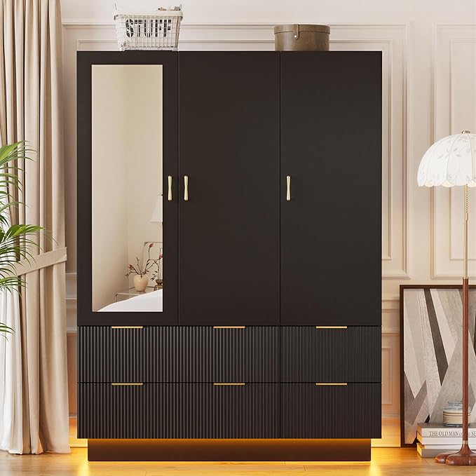 PAKASEPT Large Wardrobe Closet, Armoire Closet with Door and Mirror, LED Lights, Hanging Rod, Drawers, Armoires and Wardrobes for Bedroom (Black)