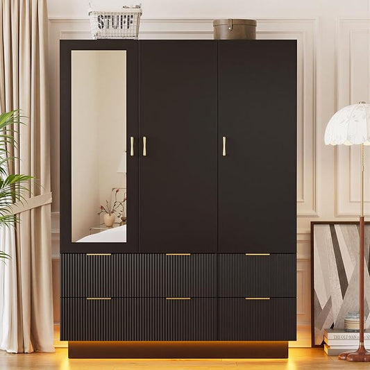 PAKASEPT Large Wardrobe Closet, Armoire Closet with Door and Mirror, LED Lights, Hanging Rod, Drawers, Armoires and Wardrobes for Bedroom (Black)