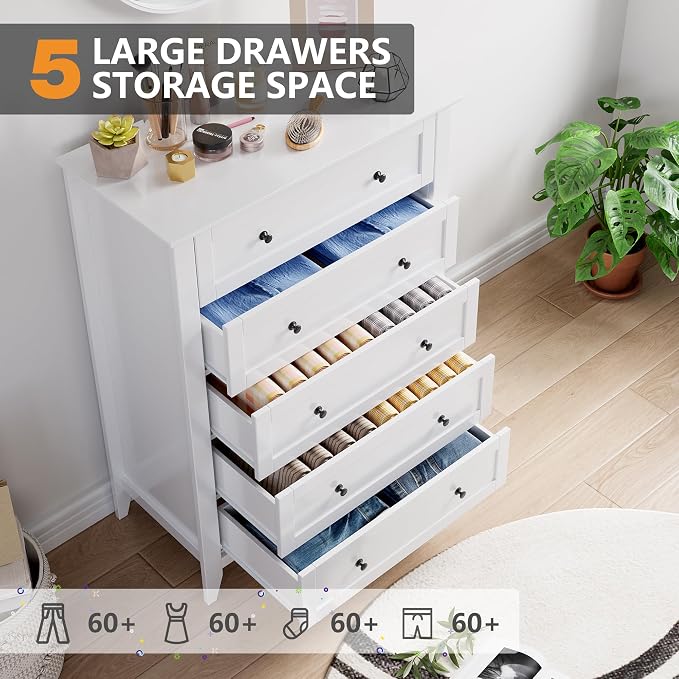 GarveeHome White 5 Chest of Drawer Dresser, Modern Tall Nightstand with Deep Drawers and Nickel Round Handle, Wood Organizer Storage Cabinet for Bedroom, Living Room, Hallway - Image 6