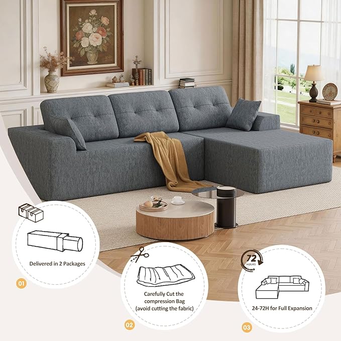 Ball & Cast Modular Cloud Sofa,106'' Chenille Sectional Couch with Wider Armrest and Pillow,3 Seat Upholstered Convertible Comfy Sofa Couches for Living Room, No Assembly Required,Right Facing(Grey)