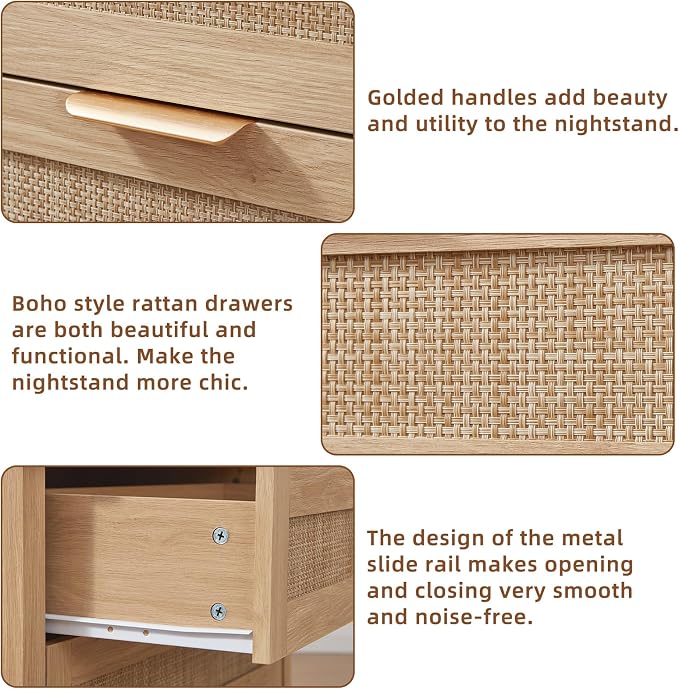 LEYAOYAO 26.8" Wide Rattan Night Stand with Charger Station, Oversized Large Boho Nightstand with 2 Drawer, Natural Wood Bed Side End Tables, Tall Bedside Table for Bedroom Living Room, Hallway - Image 8
