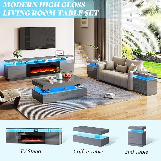 AMERLIFE High Gloss 2-Tier LED Coffee Table, 40" Modern Center Table with LED Lights, Open Storage Space, Minimalism Rectangular Sofa Side Table for Living Room, Gray
