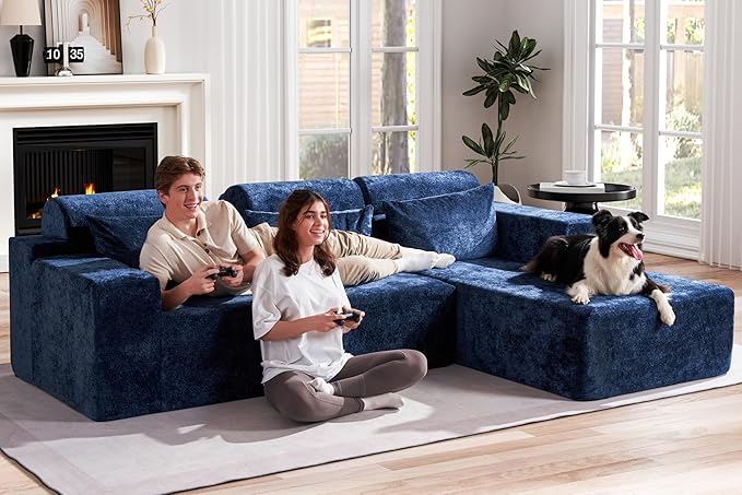Homguava Modular Sectional Couches for Living Room,105" Cloud Couch with L-Shape Chaise,Comfy Sofa Living Room Couch with Deep Seat,No Assembly L Couch,Luxury Distressed Velvet(Blue,R)