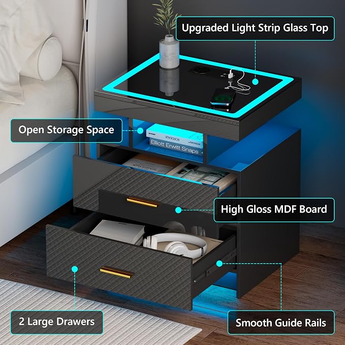 LED Nightstand with Wireless Charging Station, Smart Night Stand with 2 Drawers, Glass Top, 3 Color Dimmable Light, High-Gloss Beside Table with USB Type-C Port Bedroom Black - Image 6
