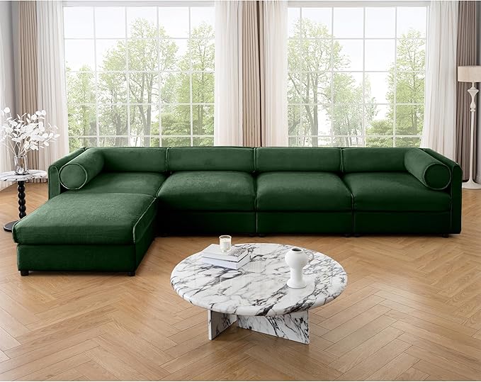 KEIKI 143" L-Shaped Modular Chenille Sectional Sofa with Storage Seat, 1 Ottoman, 4-Seater Couch with Cylindrical Backrest and Armrests, Easy Assembly, for Apartment, Living Room, Green