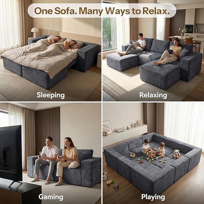 Life Balance Modular Sectional Sofa for Living Room, 106 Inch L-Shape 4-Seat Couches with Chaise, Modular Design Easy to Assemble, Cloud Soft Fabric, Grey(Sherpa Fabric)