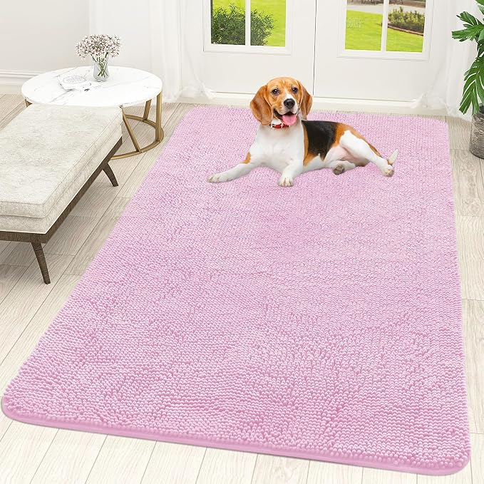 OLANLY Dog Door Mat for Muddy Paws 59x35, Absorbs Moisture and Dirt, Absorbent Non-Slip Washable Doormat, Quick Dry Chenille Mud Mat for Dogs, Entry Indoor Entryway Carpet for Inside Floor, Pink by OLANLY