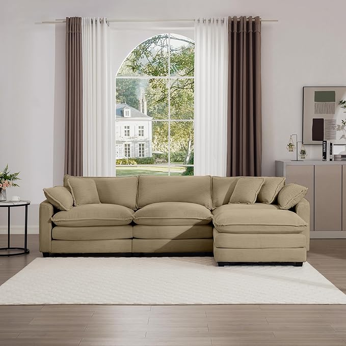 KEIKI 115" L-Shaped Oversized Corduroy Modular Sectional Sofa with 1 Ottoman, High-Density Foam Cushions, Removable Armrests, Upholstered 3-Seater Corner Couch with 5 Pillow, for Living Room, Tan