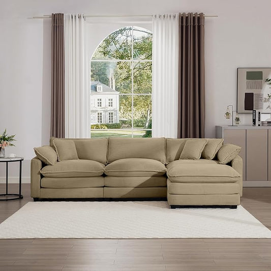 KEIKI 115" L-Shaped Oversized Corduroy Modular Sectional Sofa with 1 Ottoman, High-Density Foam Cushions, Removable Armrests, Upholstered 3-Seater Corner Couch with 5 Pillow, for Living Room, Tan