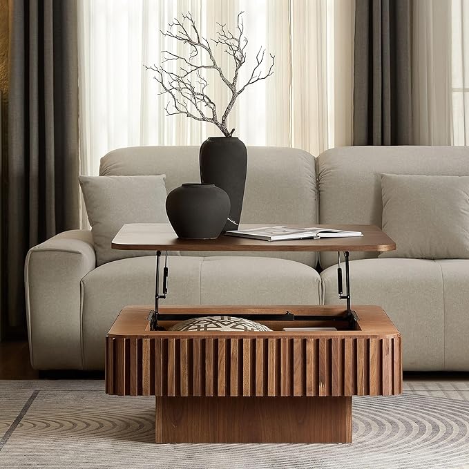 WILLIAMSPACE 35.43" Lift Top Coffee Table with Hidden Storage & Sturdy Base, Modern Luxury Square Wood Handcraft Drum Center Table Accent End Tea Table for Living Room, Minimalist Fluted Design-Walnut