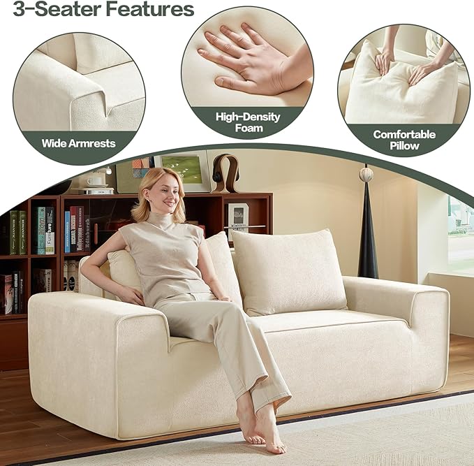 3 Seater Boneless Couch, Modern Foam Sofa in One Box, Comfy Deep Seat Sofa with 2 Pillows, Cloud Couch for Apartment, Office, No Assembly Required (White, Velvet)