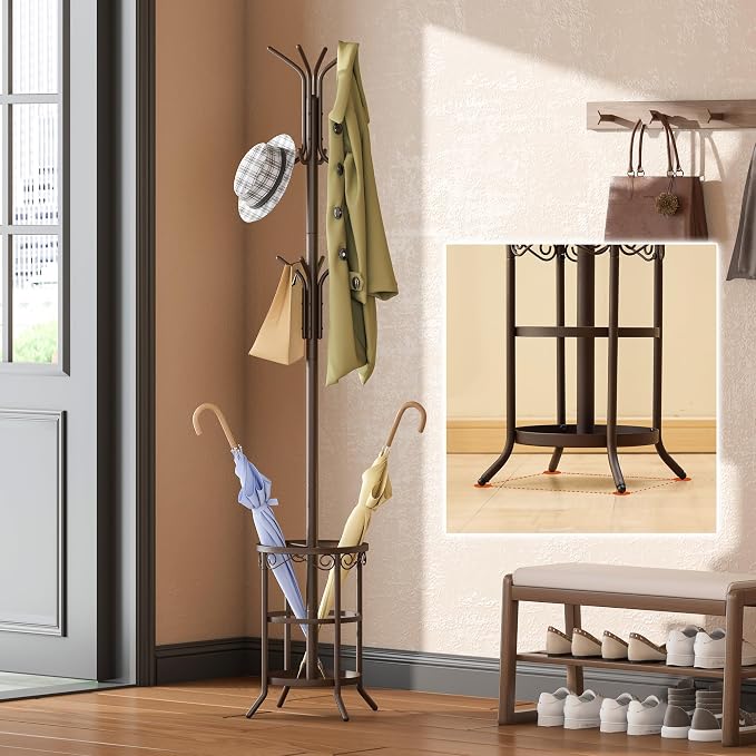 GHWIE Coat Rack Freestanding, Coat Tree with Umbrella Holder, Metal Coat Rack Stand with 12 Hooks, Standing Coat Hanger Stand, Umbrella Stand for Entryway, Hat Rack Stand for Home Office, Brown - Image 6