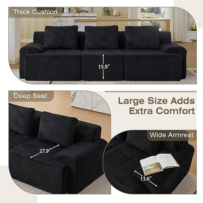 Modular Sectional Sofa, 6 Seat Modular Couch, Modular Sofa with Deep Seat and Detachable Pillow (Black, 6 Pieces-U Shape)