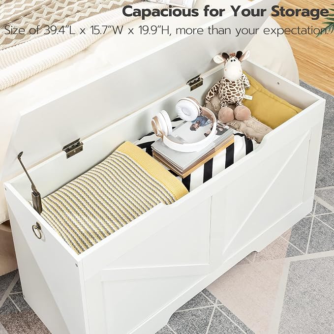 HOOBRO Storage Bench, 39.4” Retro Wooden Storage Chest with U-Shaped Cut-Out Pull, Safety Hinge, Supports 220 lb and Easy Assembly for Toy Box Organizer (White) WT771CW01 - Image 7