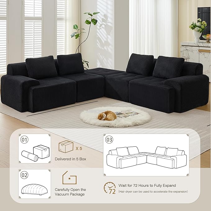 Modular Sectional Sofa, Boneless Couches for Living Room, Corduroy Couch, Big Comfy Couch, Modular Cloud Sofa with Deep Seat (Black, 5 Pieces-L Shape)