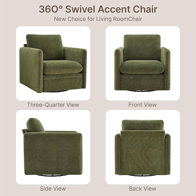 360° Swivel Accent Chair Set of 2,Upholstered Armchair with Deep Seat, Sturdy Metal Base for Living Room,Nursery,Bedroom,Moss Green