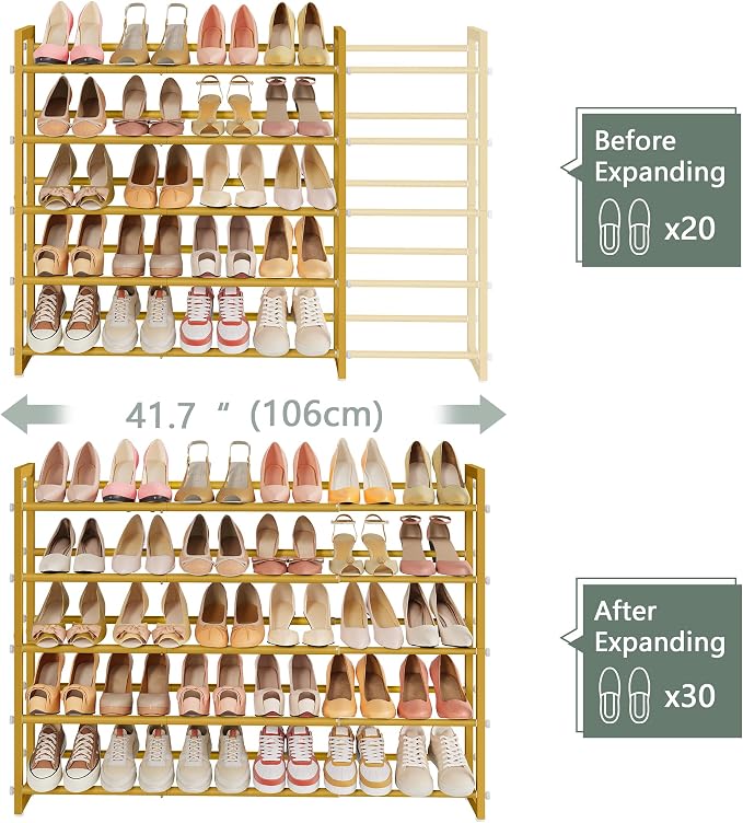 FAVOOSTY 3-Tier Expandable Shoe Rack, Adjustable Shoe Shelf Storage Organizer Space Saving Metal Free Standing Shoe Rack for Entryway Closet Doorway, Silver Grey (Gold, 5 Tier) - Image 4