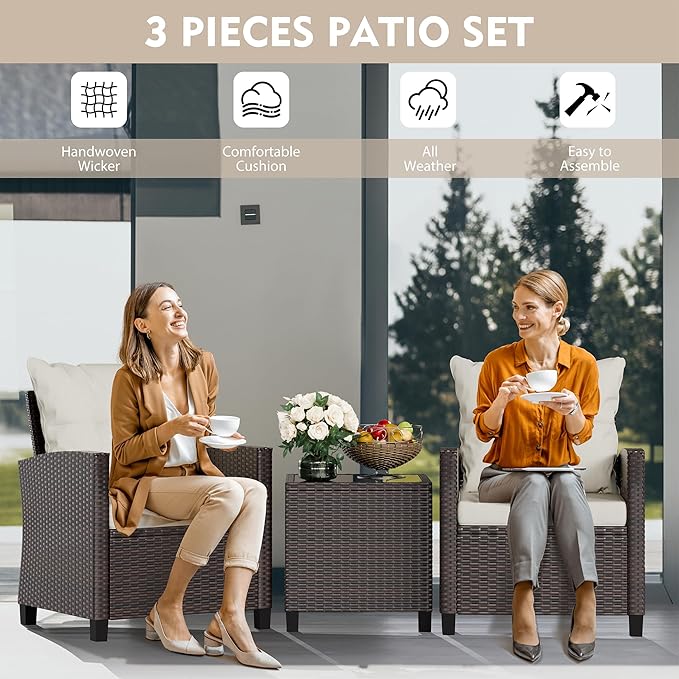 Vongrasig 3 Pieces Patio Furniture Set Small Outdoor Wicker Rattan Front Porch Bistro Set Cushioned Patio Chairs Conversation Set with Glass Table for Lawn, Garden, Backyard, Balcony, Beige