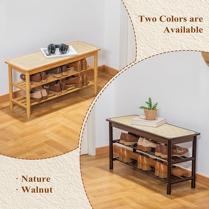 Bamboo Entryway Bench with Woven Rattan Seat, 2-Tier Shoe Storage Bench for Hallway & Entryway 23.62 inches Nature - Image 5