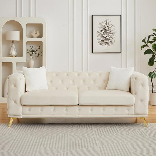 KEIKI 83" Luxury Oversized Velvet Chesterfield Sofa with 2 Pillows, Mid-Century Style 3-Seater Tufted Buttons Couch with High-Density Foam Cushions, Easy Assembly, for Apartment, Living Room, Beige
