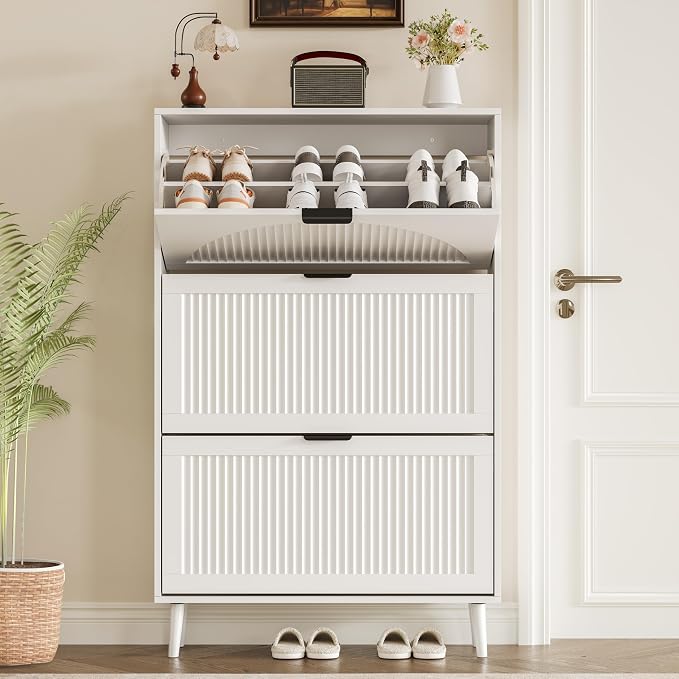 BORNOON Shoe Cabinet for Entryway with 3 Flip Drawers, Slim Wooden Shoe Storage Organizer with Modern Fluted Pannel，Freestanding Narrow Hidden Shoe Rack for Hallway, Foyer, Living Room - Image 7