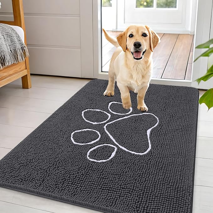 OLANLY Dog Door Mat for Muddy Paws 44x32, Paw Print Design, Absorbs Moisture and Dirt, Absorbent Non-Slip Washable Doormat, Quick Dry Chenille Mud Mat for Dogs, Entry Indoor Entryway Carpet, Dark Grey by OLANLY