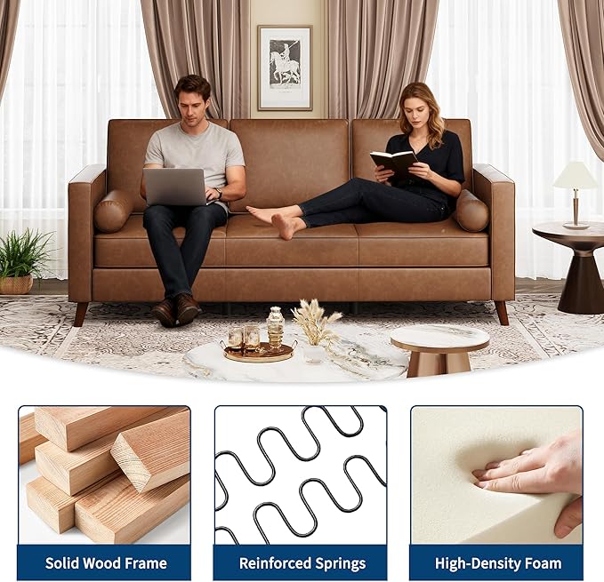IDEALHOUSE 81" Faux Leather Sofa, Mid Century Modern Deep Seat Couch, Upholstered Cushion&Removable Cover, Brown PU Couch, 3 Seat Sofa for Living Room, Office, Brown