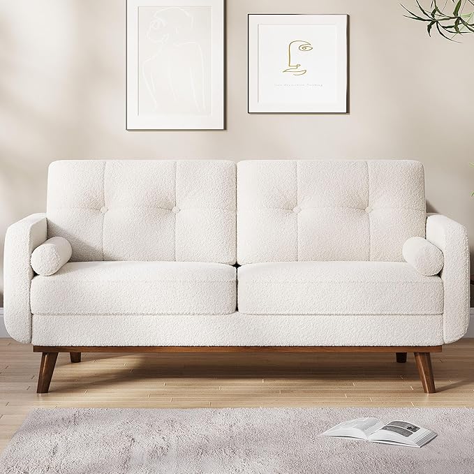 65" Mid Century Modern Couch Sofa Loveseat, Comfy Love Seat Couches for Living Room, 2 Seater Teddy Fleece Boucle Upholstered Deep Seat Couch for Bedroom Office Small Space, Beige Cream