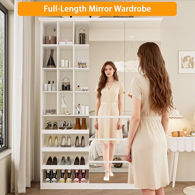 Mirrored Wardrobe Closet with Shoe Cabinet Storage, White Armoire with Shelves and 3 Drawers, Modern Clothes Storage Cabinet with Hanging Rod for Bedroom Guest Room