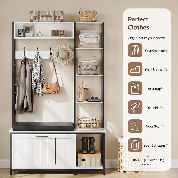 Hall Tree Coat Rack, Hall Tree With Bench and Shoe Storage Shoe With, Mud Room Storage Furniture，39.37 X 15.74 X 69.69 Inches, Rustic White - Image 2