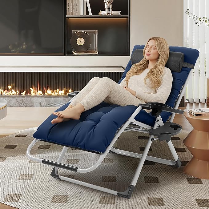 VINGLI 29" Padded Zero Gravity Chair, Lounge Chair with Removable Cushion & Tray， Folding Reclining Patio Chairs， Recliner Chair for Lawn，Indoor Outdoor-Blue - Image 2