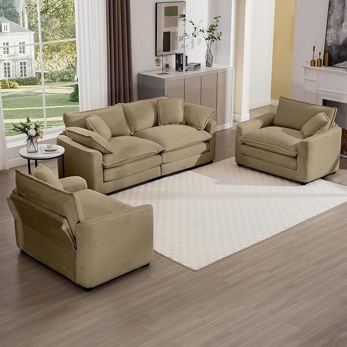 KEIKI 3-Piece Sofa Set with 1 Oversized Corduroy Loveseat Sofa & 2 Single Sofa, Upholstered 4-Seater Couch Set with 6 Pillow, High-Density Foam Cushions, Removable Armrests, for Living Room, Tan