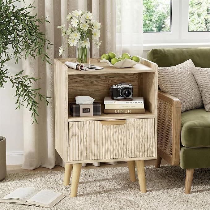 Apicizon Modern Nightstand with Storage Drawer and Open Wood Shelf, Fluted Night Stand with Solid Wood Legs, Bedside Table for Bedroom,Small Spaces, Easy Assembly, Natural - Image 3