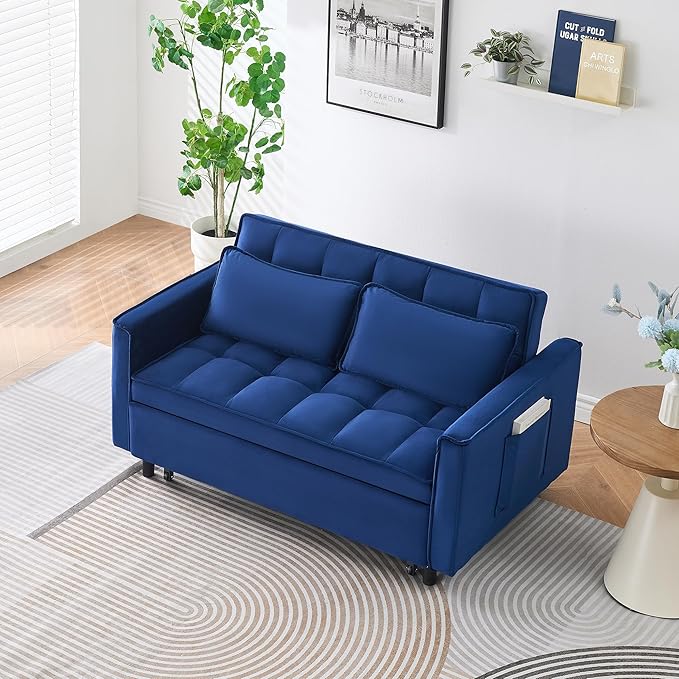55" Modern Velvet Loveseat Sleeper Sofa, 3-in-1 Convertible Pull-Out Bed with Adjustable Backrest, 2 Pillows & Side Pockets, Small Pull Out Couch for Living Room, Apartment(Blue)