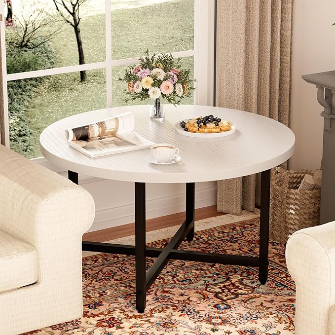 Round Coffee Table, Small Coffee Tables for Living Room, Low Wood Coffee Table with Metal Frame, Floor Table Desk for Sitting on The Floor, Home, Office, White(23.6" D x 17.7" H)