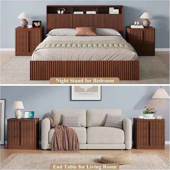 YANSNWO 23.6" Nightstand Set of 2 with Charging Station, Bedside Table with 3 Storage Drawers, Mid Century Modern Night Stand with Solid Wood Handle, End Table for Bedroom, Living Room, Walnut - Image 7