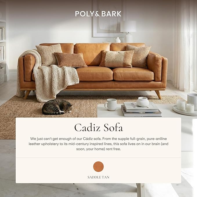 Poly & BARK Cadiz 90" Sofa – Saddle Tan Full-Grain Pure-Aniline Italian Leather, Feather-Down Cushions, Solid Rubberwood Base & Legs - Saddle Tan
