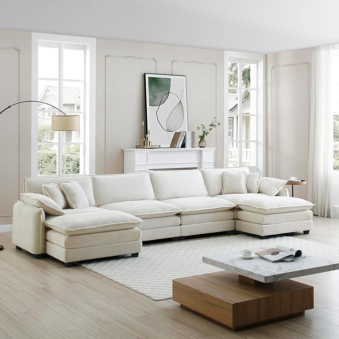 KEIKI 150" U-Shaped Oversized Corduroy Modular Sectional Sofa with 2 Ottoman, High-Density Foam Cushions, Removable Armrests, Upholstered 4-Seater Corner Couch with 6 Pillow, for Living Room, Beige