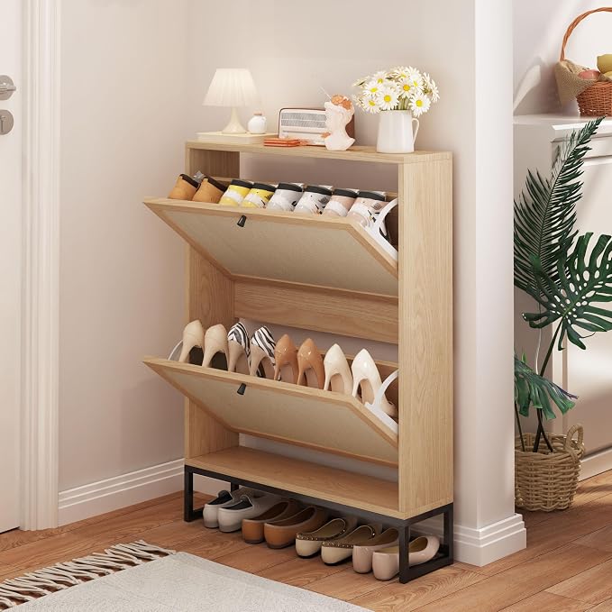 AVZEAR Narrow Shoe Storage Cabinet for Entryway with Natural Linen Panel, Freestanding Slim Shoe Cabinet with 2 Flip Drawers, Wood Shoe Organizer Closed Shoe Rack for Hallway, Living Room(Natural) - Image 8