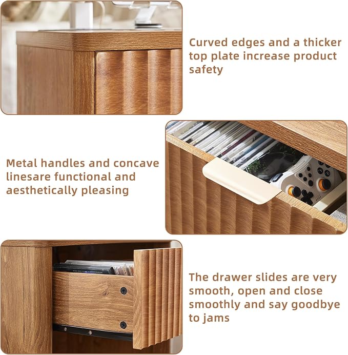 LEYAOYAO Fluted Farmhouse Nightstand Set of 2 with Charging Station, 23" Wide 1 Drawers End Table,Brown Dresser for Bedroom,Bed Side Table Chest of Drawers Cabinet,Wood Night Stand for Living Room - Image 6