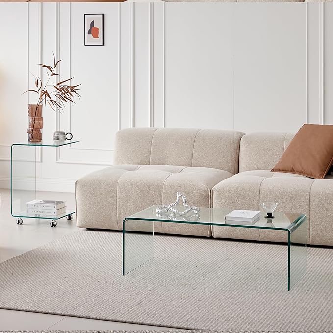 Glass Coffee Table, Modern Clear Coffee Tables for Living Room, Small Rectangle Tempered Glass Table Waterfall Sofa End Tables 39.3" x 19.6" x 13.78"H