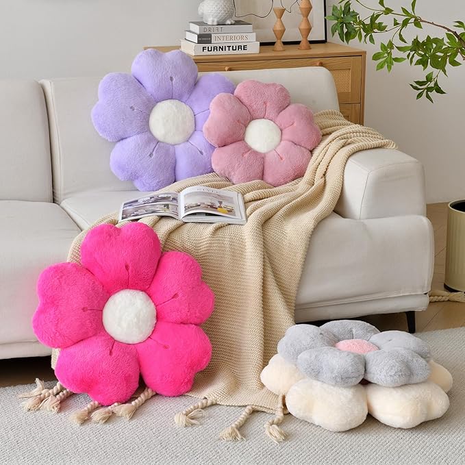 Flower Shaped Pillow, Cute Decorative Throw Pillow with Soft Artificial Rabbit Fur for Couch Bed Chair Floor, Flower Pillows Seating Cushions with Room Décor for Bedroom Living Room (19.6" Lavender)