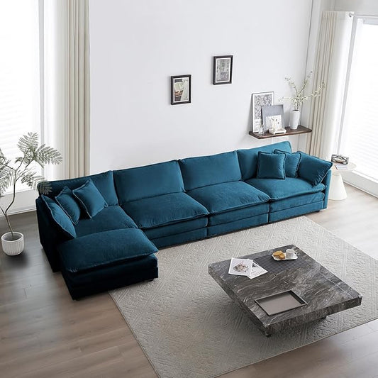 ERYE Shaped Oversized Sectional Sofa Modern Deep Seat Reversible Chaise Sofa&Couch with Movable Ottoman, Modular Sleeper Upholstered Couch for Living Room, Apartment, Studio, Office, 146.5", Blue/L