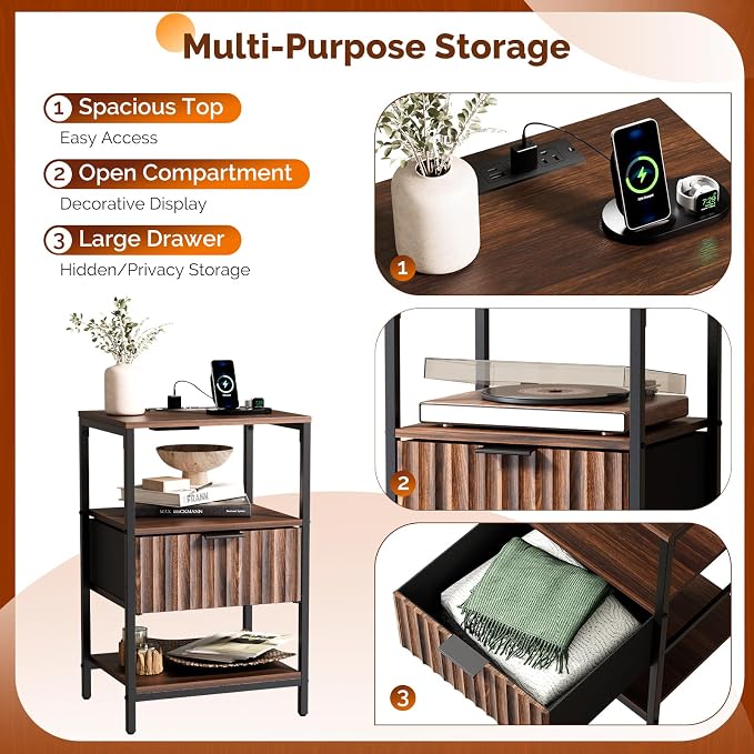 Bonnlo Fluted Nightstand with Charging Station, End Table with Fabric Drawer, Night Stand with Storage Shelf & Handle, Fluted Side Table for Bedroom/Living Room,Walunt - Image 6
