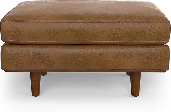 SIMPLIHOME Morrison 33 inch Wide Ottoman in Caramel Brown Genuine Leather, Multifunctional Footrest, Coffee Table, and Extra Seating for Living Room, Mid-Century Modern Style