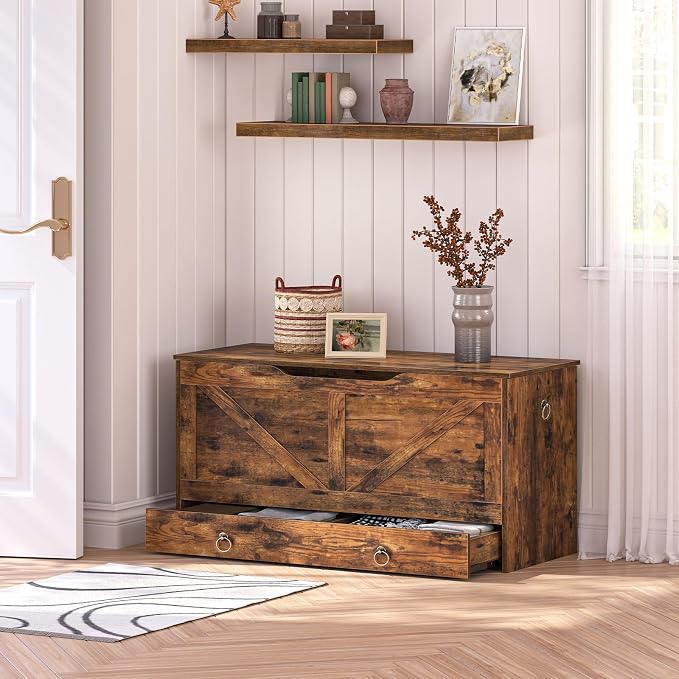 HOOBRO Storage Chest, 39.3" Toy Chest with Drawer, Wooden Storage Bench, Sturdy Entryway Bench Supports 220 lb, Shoe Bench, Safety Hinge, U-Shaped Opening, Easy Assembly, Rustic Brown FG710CW01G1 - Image 3