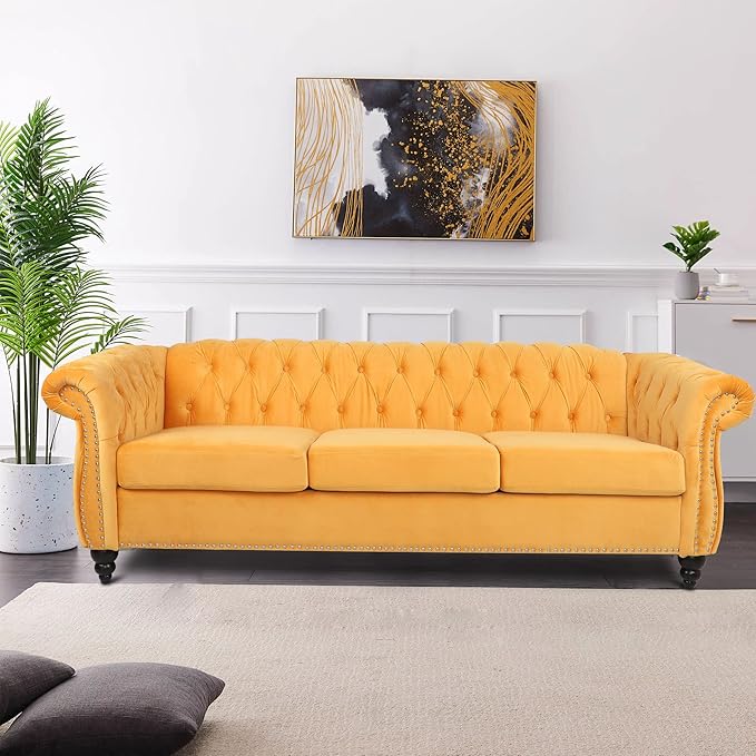 LEVNARY Velvet Chesterfield Sofa, Classic Tufted Upholstered Couch, Modern 3 Seater Couch Long Settee Furniture with Tufted Back for Living Room Office (Yellow)