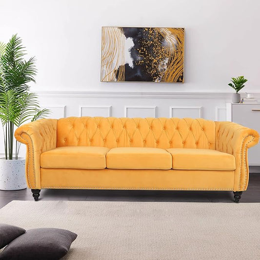 LEVNARY Velvet Chesterfield Sofa, Classic Tufted Upholstered Couch, Modern 3 Seater Couch Long Settee Furniture with Tufted Back for Living Room Office (Yellow)