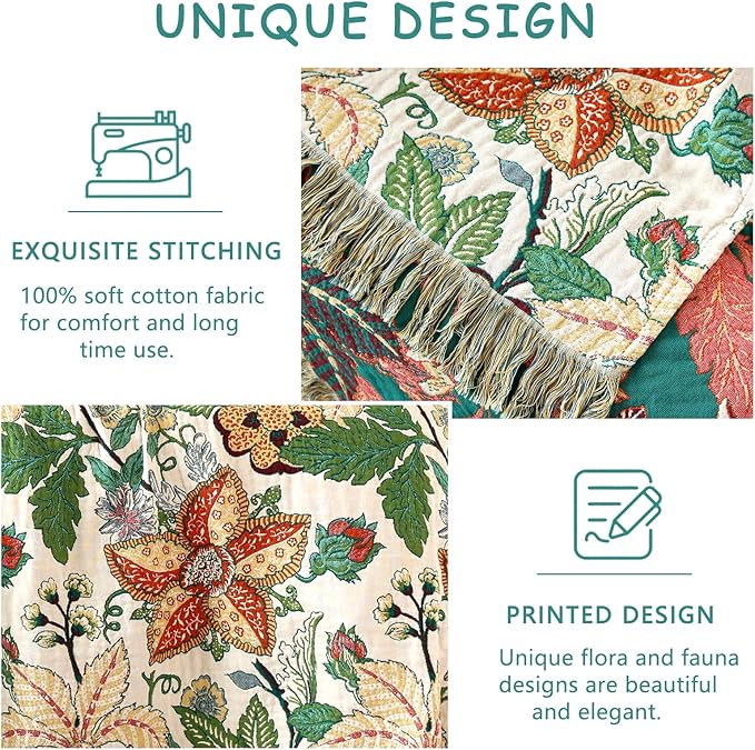 Boho Throw Blanket - 50"x60" 100% Cotton Soft Breathable Lightweight Bed Blanket, Reversible Muslin Spring Blankets Green Floral Farmhouse Decor Rustic Quilt for Bed Couch