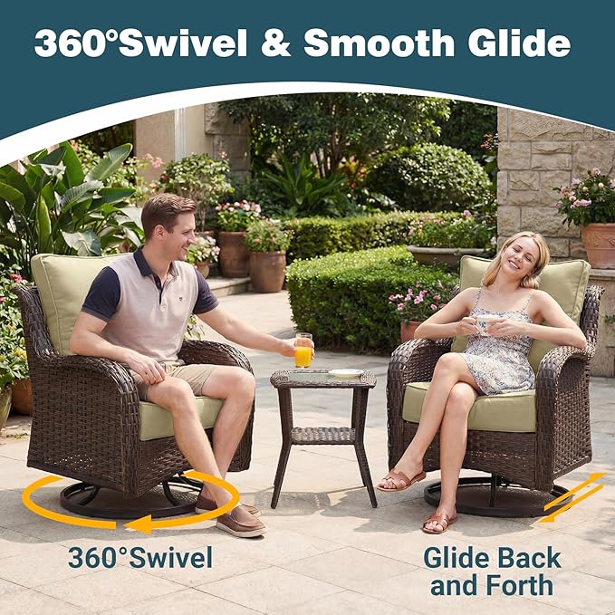 Patio Furniture Set, 12PCS Outdoor Wicker Conversation Set with 6" Thick Cushions, High Back Rattan Sofa & Swivel Rocker Chairs, Weather Resistant Olefin Fabric for Garden, Poolside, Beige